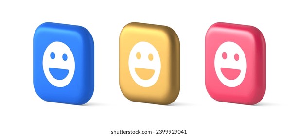 Smiley emoticon comic face emoji button laughing social network reaction happy expression 3d realistic blue gold and pink icons. Good mood like cheerful character web application