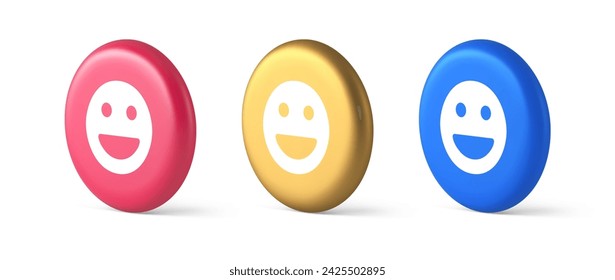 Smiley emoticon comic face emoji button laughing social network reaction happy expression 3d realistic blue gold and pink icons. Good mood like cheerful character web application