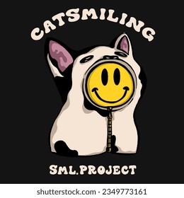 smiley emoticon cute with cat sweater vintage illustration