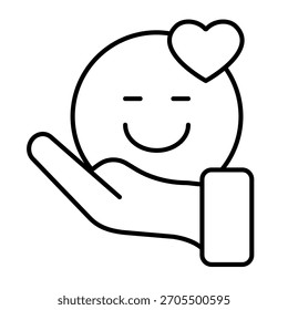 Emoticono sonriente en la mano icono de línea delgada, concepto de salud mental. Gráficos de Vector. Buen resultado de emoción positiva, signo de psicología sobre fondo blanco, icono de estilo de contorno para móvil o Diseño web