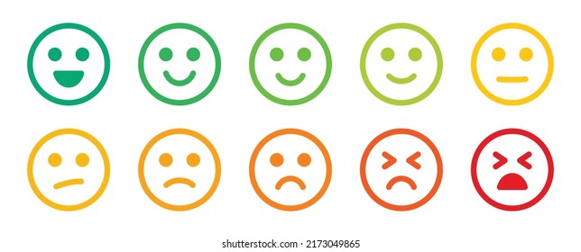 Juego de iconos de vector de contorno emoticono sonriente. Emoción de ilustración de expresión de cara feliz a triste.