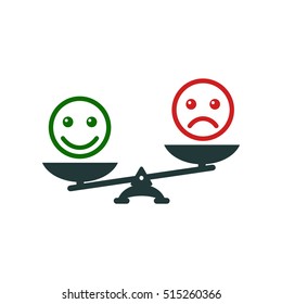 Smiley emoticons different mood on scales, vector icon. Positive attitude as advantage. Happiness versus sadness.