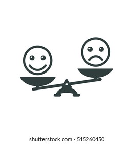 Smiley emoticons different mood on scales, vector icon. Positive attitude as advantage. Happiness versus sadness.