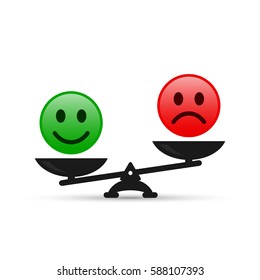 Smiley emoticons different mood on scales, vector icon. Positive attitude as advantage. Happiness versus sadness.