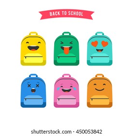 Smiley, emoticons and emoji bag, backpack colorful set of icons. Back to school concept svg