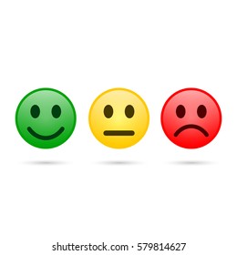 Smiley emoticons icon positive, neutral and negative, vector isolated evaluation illustration of red, yellow and green different mood.