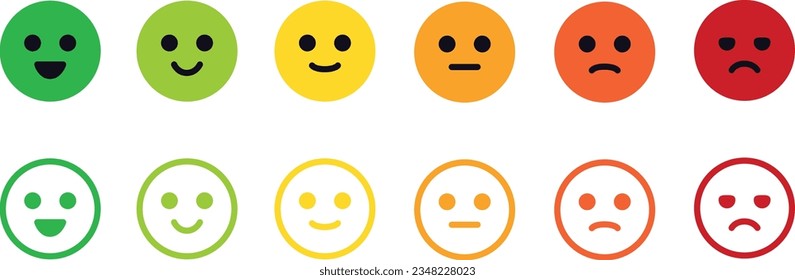 Smiley. Emotion reactions. Emoticons icons set. Emoji faces collection. Emojis flat style. Feedback. Rating. Happy, smile, neutral, sad and angry emoji. Line smiley face. Vector illustration