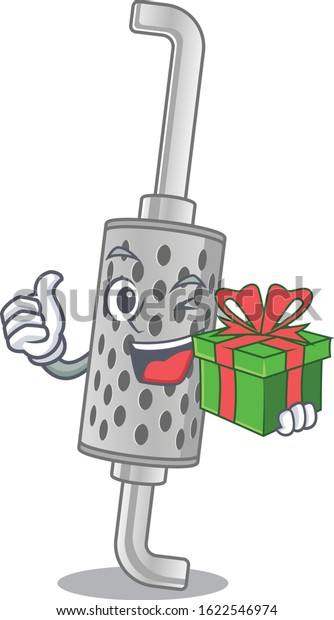 Smiley exhaust pipe\
character with gift box