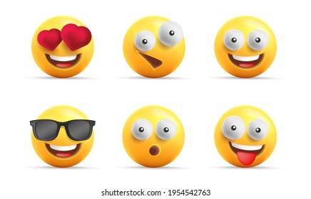 Smiley face 3d icons with happy expressions, spheric characters laughing, in love and cool in sunglasses, isolated