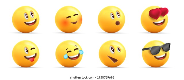 Smiley face 3d icons or yellow emojies with dofferent happy expressions, spheric characters loaughing, in love and cool, isolated