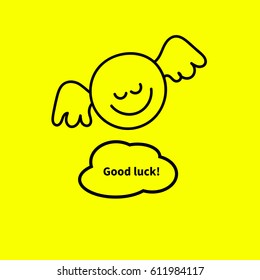 Smiley face angel with wings flying in clouds isolated on yellow. Card with wish of good luck. Happy line hand drawn emoji, emoticon. Vector illustration.