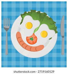 Desayuno de cara sonriente hecho con ojos de huevo frito, boca de salchicha y decoraciones vegetales en un mantel a cuadros azules. Vista superior de una deliciosa comida de desayuno.