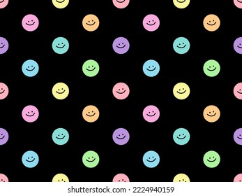 Smiley face cartoon character seamless pattern on black background