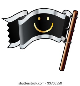 Smiley face chat or e-mail emoticon on black, silver, and gold vector flag good for use on websites, in print, or on promotional materials