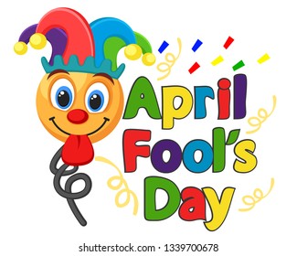 Smiley face in clown hat shows tongue on a white. Fool's day.