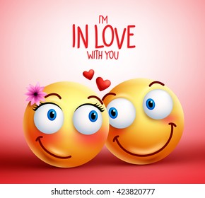 Smiley face couple or lovers being in love facial expressions with floating hearts for valentines vector illustration
