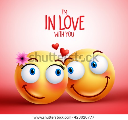Smiley face couple or lovers being in love facial expressions with floating hearts for valentines vector illustration

