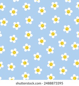 Smiley Face Daisy Flowers Pattern Decoration Background Vector