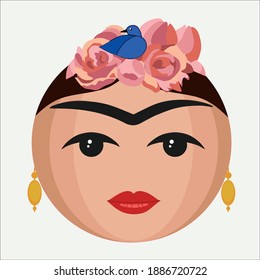 smiley face depicting a dark-skinned girl with a monobrow and a wreath of flowers and a bird on her head