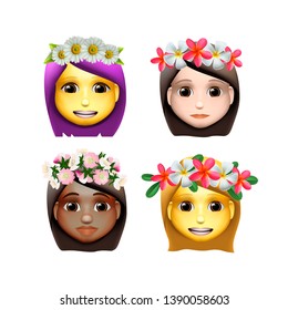 Smiley face emoji, characters girls avatars with flower on head in cartoon style, emoji icons, animoji, summer concept, emoticons with wreath flowers, vector illustration.