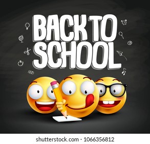 Smiley face emoticons and back to school text vector banner design. Smileys student writing with funny facial expressions in black texture background. Vector illustration.
