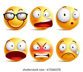 Smiley face or emoticons vector set in yellow with facial expressions and emotions like happy, angry and sad isolated in white background. Vector illustration.