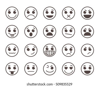 Smiley face flat line vector icons set with funny facial expressions in black circle isolated in white background. Vector illustration.
