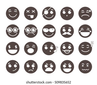 Smiley face flat vector emoticons with emotions and funny facial expressions  in black color isolated in white background. Vector illustration.
