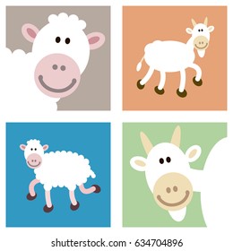 Smiley face happy goat and sheep illustrations in various cutouts. These farm animals are portrayed in various colors, full view and head close-up. Full vector illustrations.