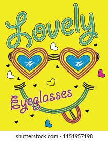 Smiley face has hearted sunglasses with around hearts and texts.Vector illustration.