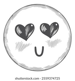 Smiley face with hearts in eyes. Sketch style. Black and white engraved love smiley. Valentines day illustration