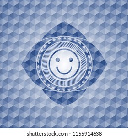 smiley face icon inside blue polygonal badge.