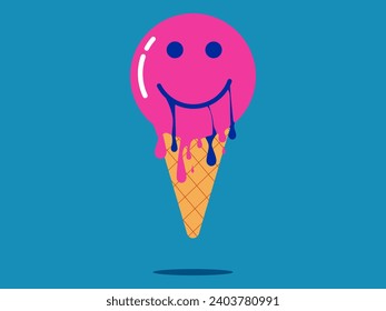 smiley face icon melts like ice cream. Happiness melts away. vector 