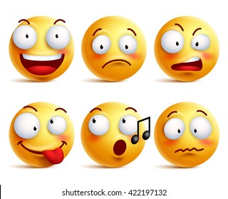 Smiley face icons or emoticons with set of different facial expressions in glossy 3D realistic isolated in white background. Vector illustration
