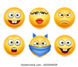 Smiley face icons. Funny faces 3d realistic set. Cute yellow emoji collection