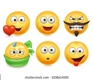 Smiley face icons. Funny faces 3d set, Cute yellow facial expressions collection 3.