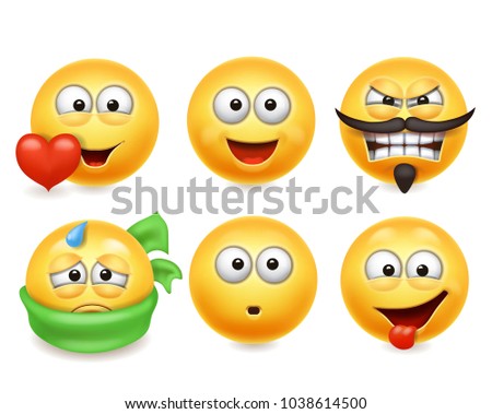 Smiley face icons. Funny faces 3d set, Cute yellow facial expressions collection 3.
