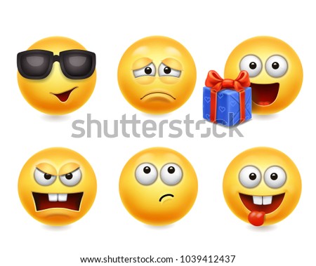Smiley face icons. Funny faces 3d set, Cute yellow facial expressions collection 4