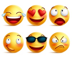 Smiley face icons or yellow emoticons with emotional funny faces in glossy 3D realistic isolated in white background. Vector illustration
