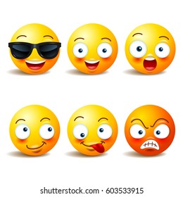 Smiley face icons or yellow emoticons , emotional funny faces in realistic , emojis ,Vector illustration