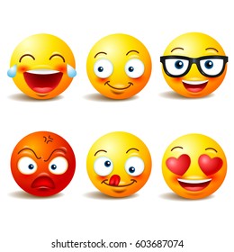 Smiley face icons or yellow emoticons with emotional funny faces in realistic . emojis .Vector illustration
