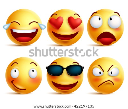 Smiley face icons or yellow emoticons with emotional funny faces in glossy 3D realistic isolated in white background. Vector illustration
