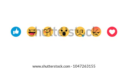 Smiley face, like, heart in isometry. Emotion Icons. Yellow smiley smiling, crying, angry, afraid, surprised, happy