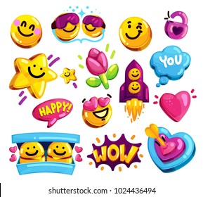 Smiley face love and friends stickers vector set. Cartoon youth symbols on isolated background