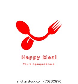 Smiley face made of fork and spoon with tongue out. Food logo isolated on white background. EPS10 vector illustration for canteen, café, catering, product, store. Creative business logotype.