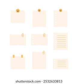 Smiley face memo note paper collection. Planner, organizer, reminder concepts. Flat minimal decorative vector design isolated illustration.