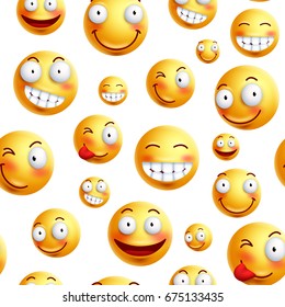 Smiley face pattern vector background. Continuous, endless or seamless smileys pattern with funny facial expressions in white background. Vector illustration.
