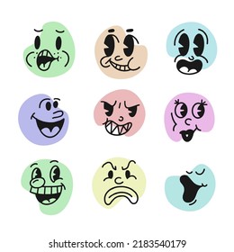 Smiley Gesicht Retro Emoji. Gesichter von Zeichentrickfiguren aus den 30er Jahren. Vintage Comic-LächelVektorgrafik 