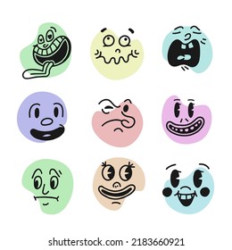 Smiley face retro emoji. Faces of cartoon characters from the 30s. Vintage comic smile vector 