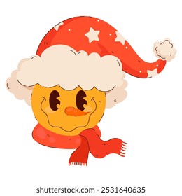 Smiley face with Santa hat in groovy style. Cute flat emoji sticker. Happy character in 70s retro style